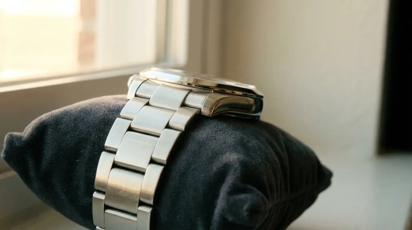 Luxury wristwatch with stainless steel bracelet on dark velvet cushion near window