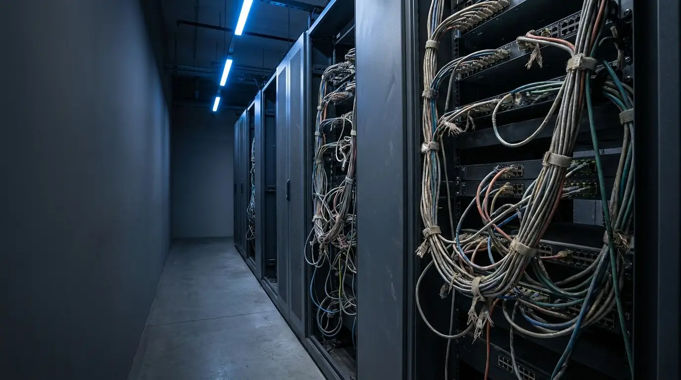 Server racks with tangled cables in a dimly lit data center hallway