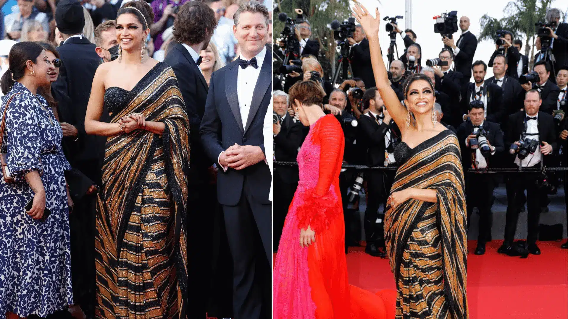 Deepika Padukone wearing a black-and-gold sari by Sabyasachi at Cannes Film Festival 2022.