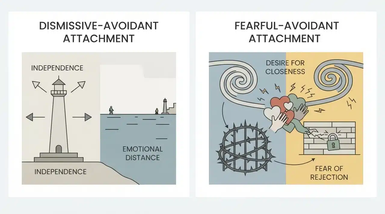 Diagram comparing dismissive-avoidant and fearful-avoidant attachment patterns