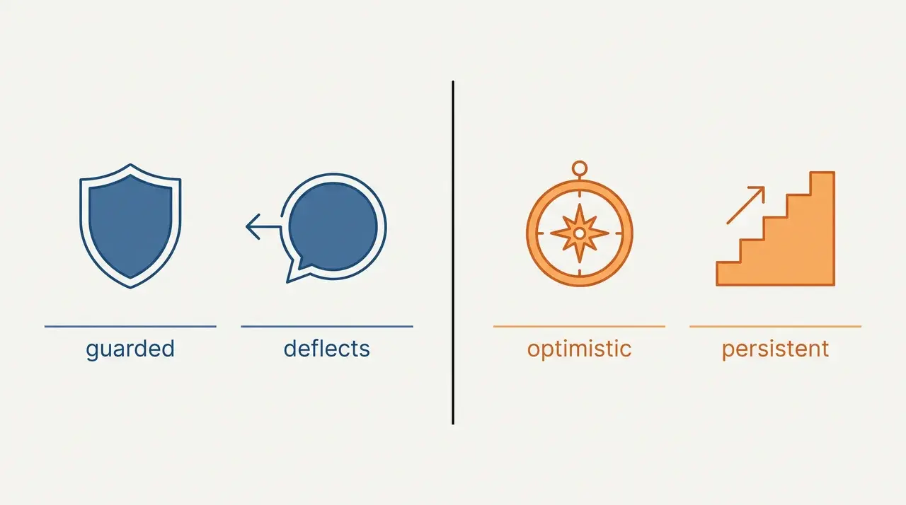 Diagram contrasting guarded/deflecting traits with optimistic/persistent traits using paired icons