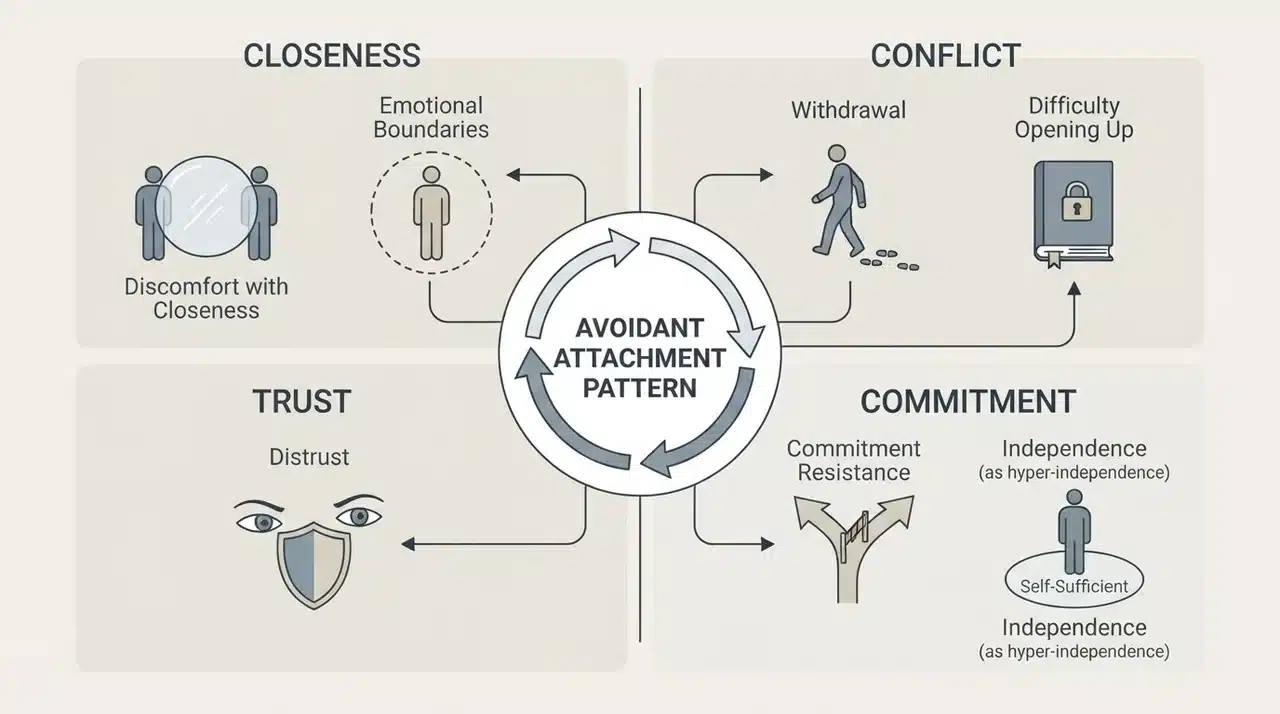 Diagram grouping common avoidant attachment signs around closeness, trust, conflict, and commitment