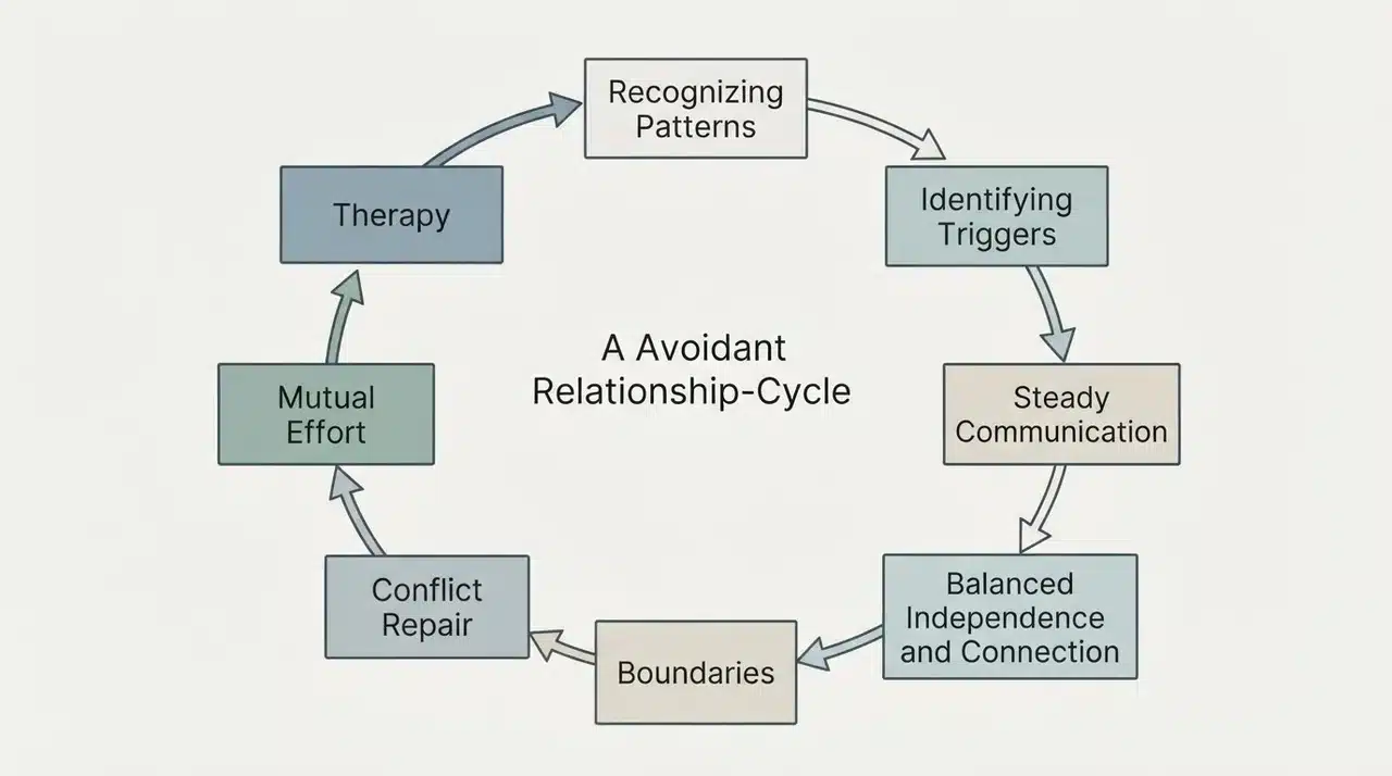 Diagram linking patterns, triggers, communication, boundaries, conflict repair, mutual effort, independence, connection, and therapy