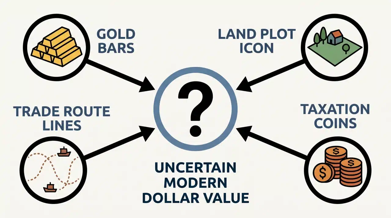 Diagram showing gold bars, a land plot, trade route lines, and coins linked to a question mark