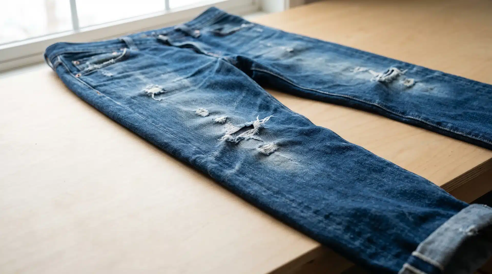Close-up of frayed and worn areas on blue distressed jeans