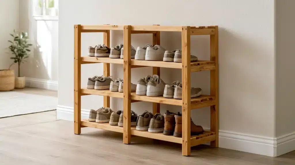 Finished wooden DIY shoe rack with three shelves holding sneakers and boots.