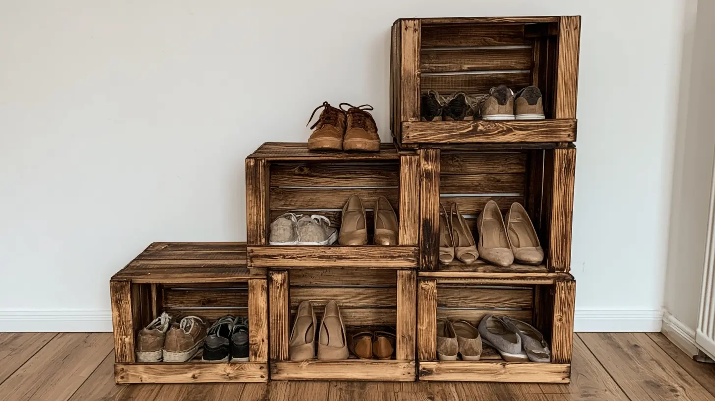 diy shoe rack made from repurposed crates and boxes