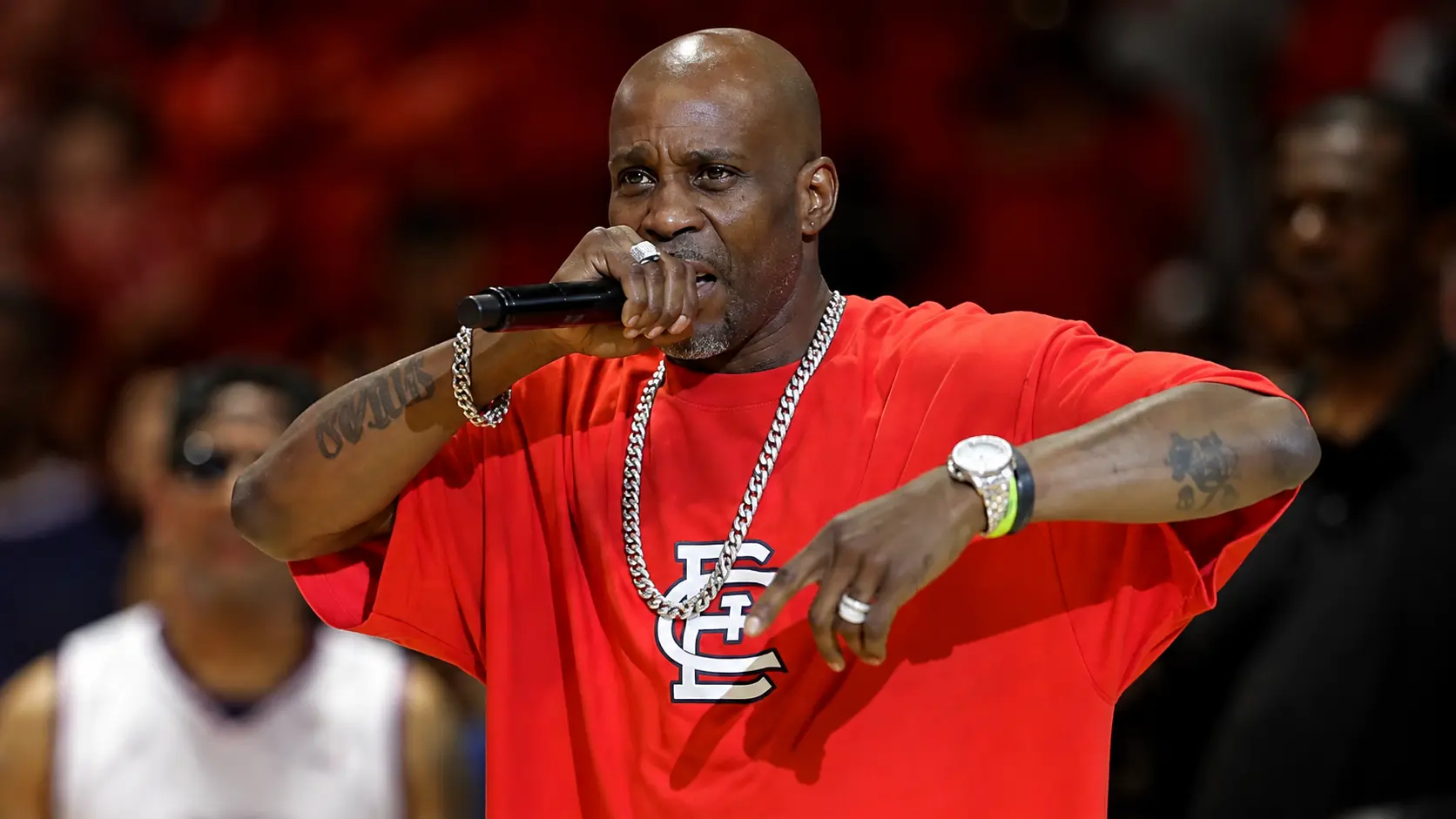 DMX (Earl Simmons) performing on stage wearing a red shirt with microphone in hand and jewelry during a live concert event scene
