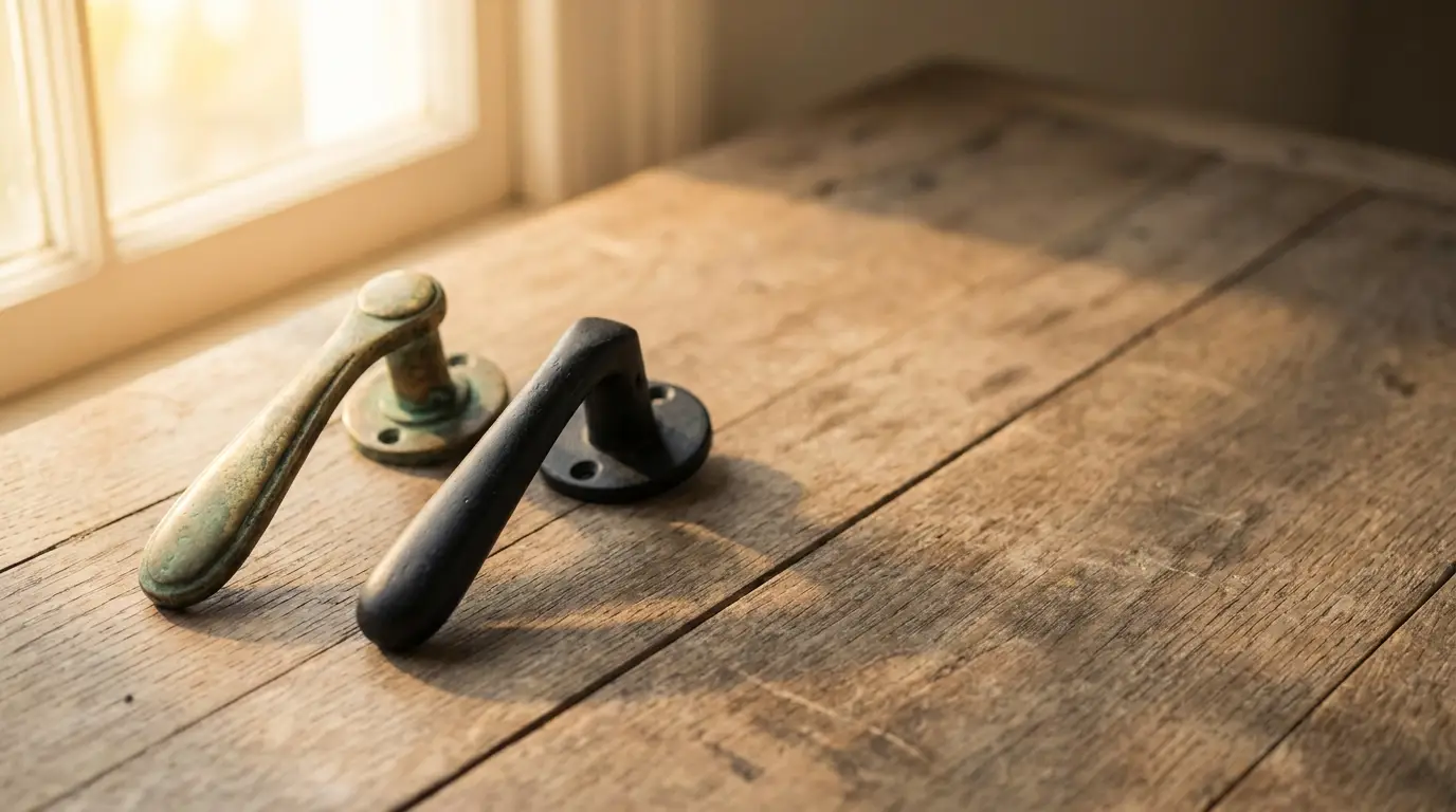 Two vintage door handles on rustic wooden surface in soft natural light