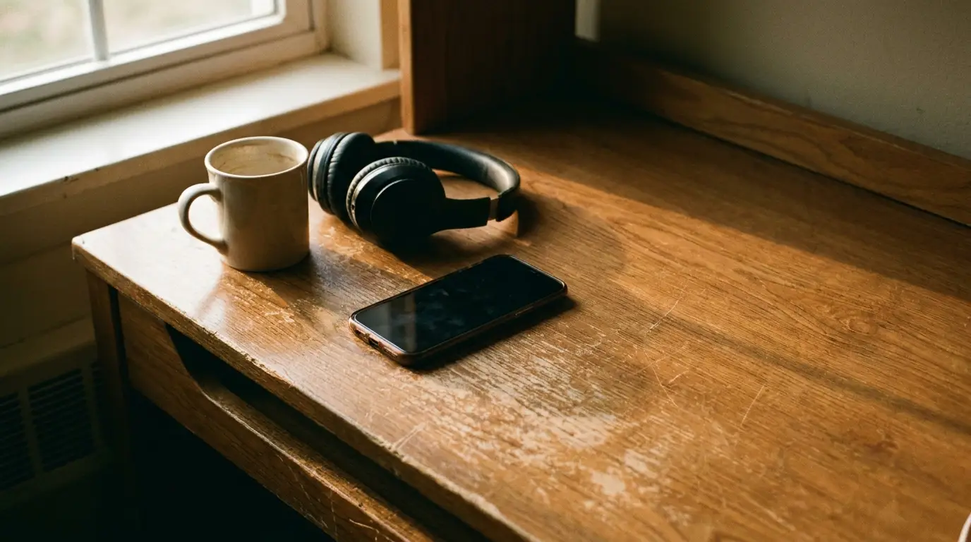 Cup, headphones, and smartphone on wooden desk in natural light near a window