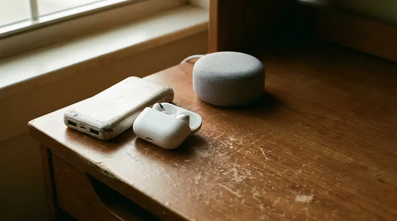 Smart speaker, wireless earbuds, and power bank on wooden desk under soft natural light