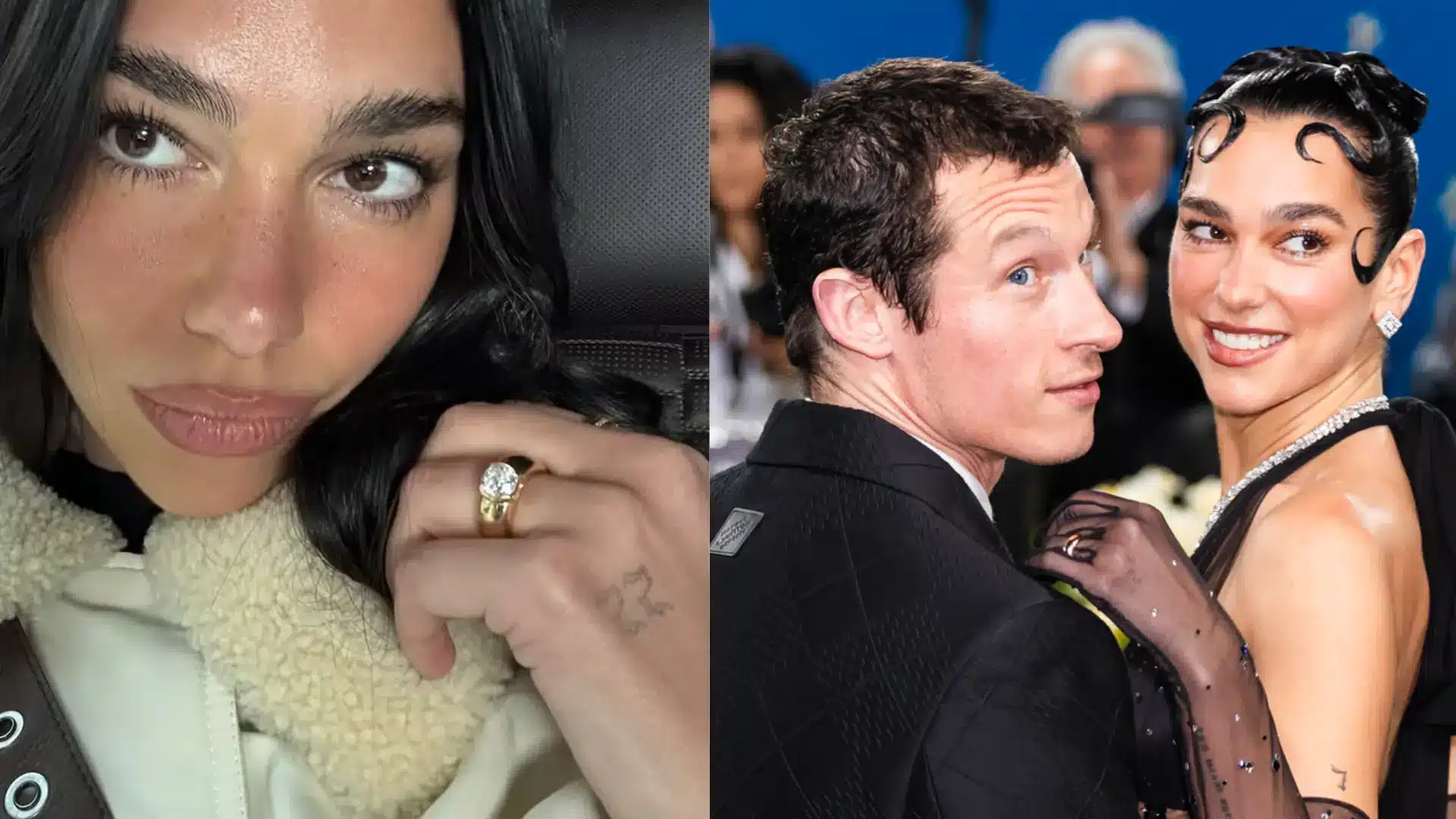 Dua Lipa showing her round diamond engagement ring with a gold cigar band beside a photo of her and her fiancé