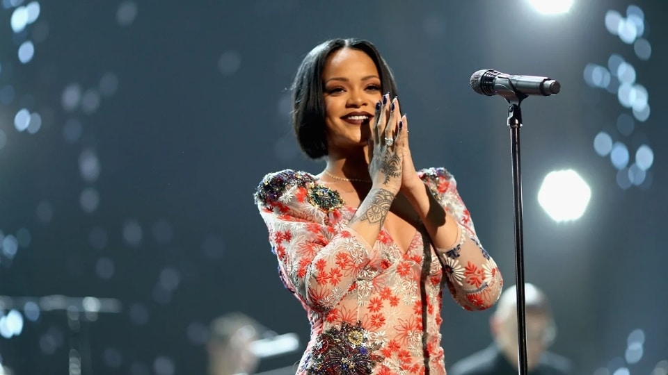 Rihanna performing live in her concert