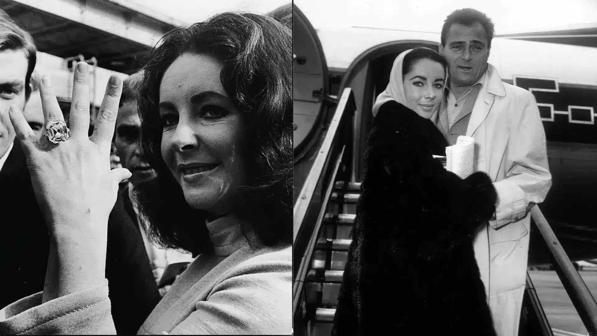 Elizabeth Taylor displaying her legendary emerald-cut diamond engagement ring with a photo of her and Richard Burton