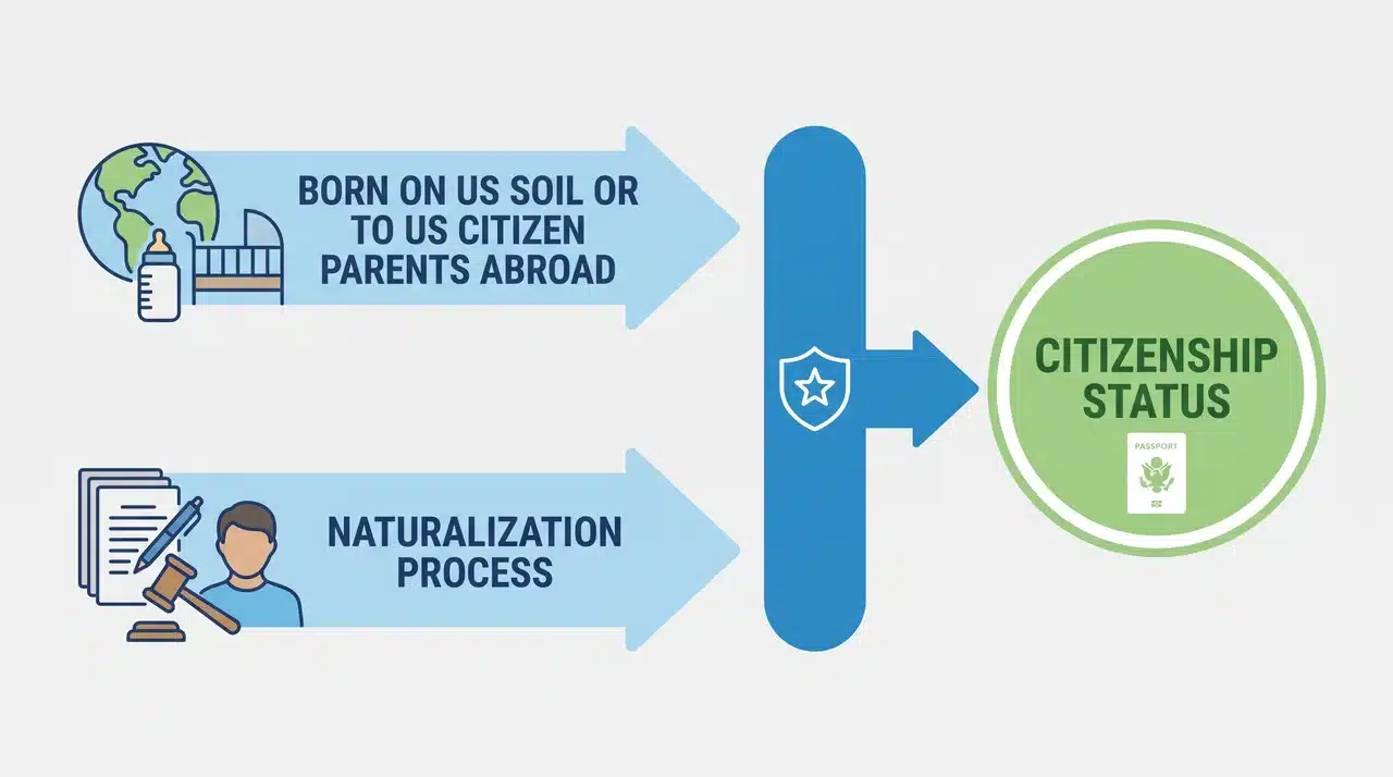 Diagram comparing the natural-born citizenship path with the naturalization citizenship path.