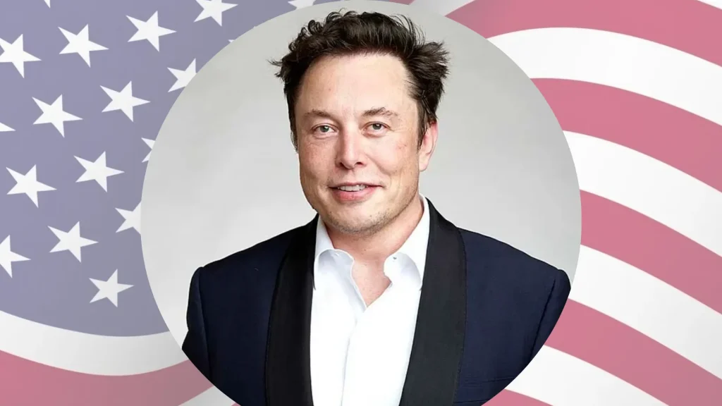 circular portrait of Elon Musk wearing a suit, centered against a stylized background of the American flag's stars and stripes