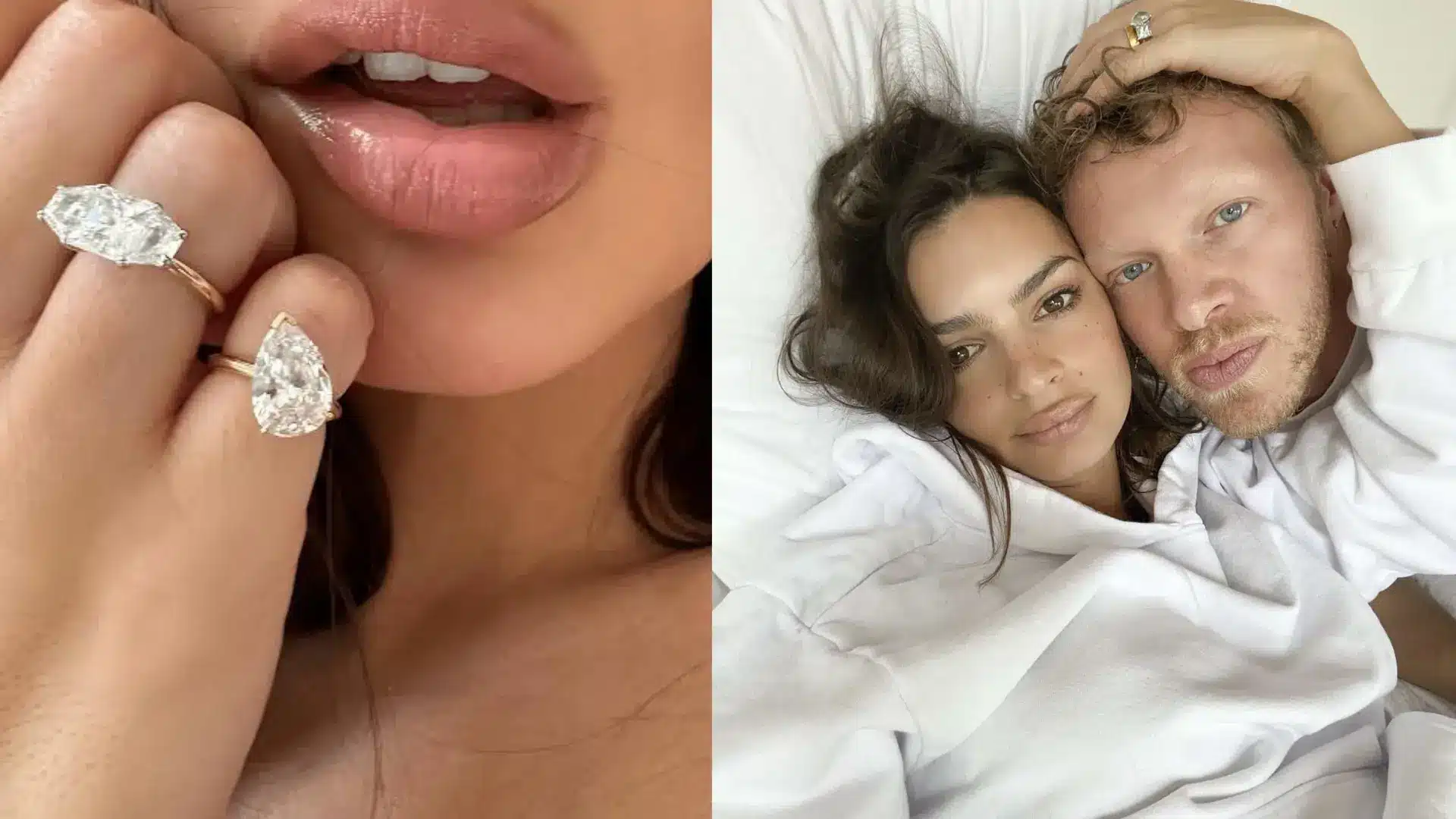 Emily Ratajkowski's toi et moi engagement ring beside a photo of her with Sebastian Bear-McClard.