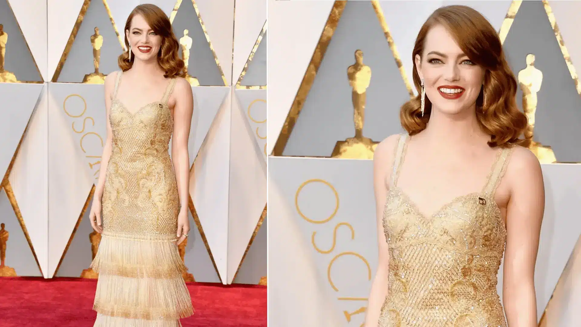 Emma Stone wearing a gold fringed gown by Givenchy Haute Couture at the Oscars 2018.