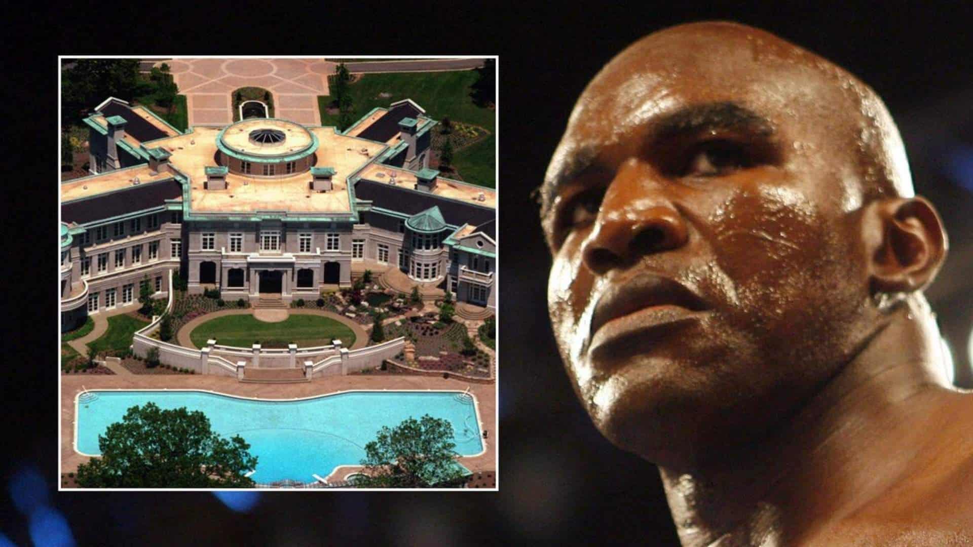 Evander Holyfield beside an aerial view of his former Georgia mansion with its sprawling grounds and large swimming pool
