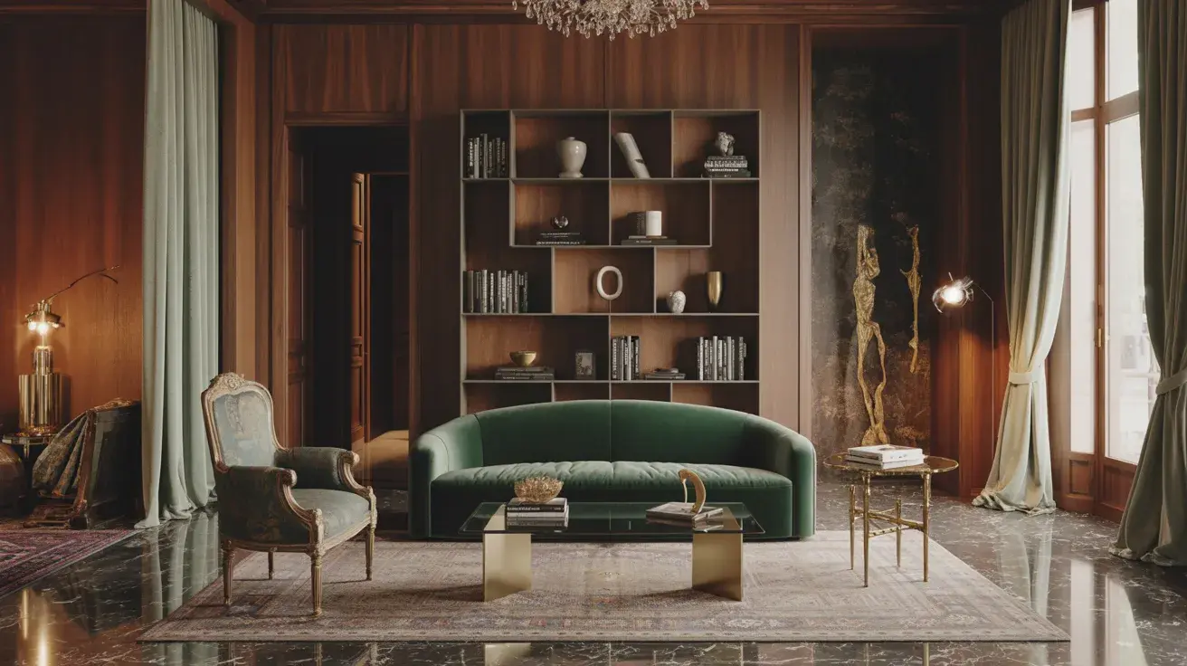 Cozy, modern living room with green sofa, gold-accented furniture, bookshelves, and large windows letting in natural light.