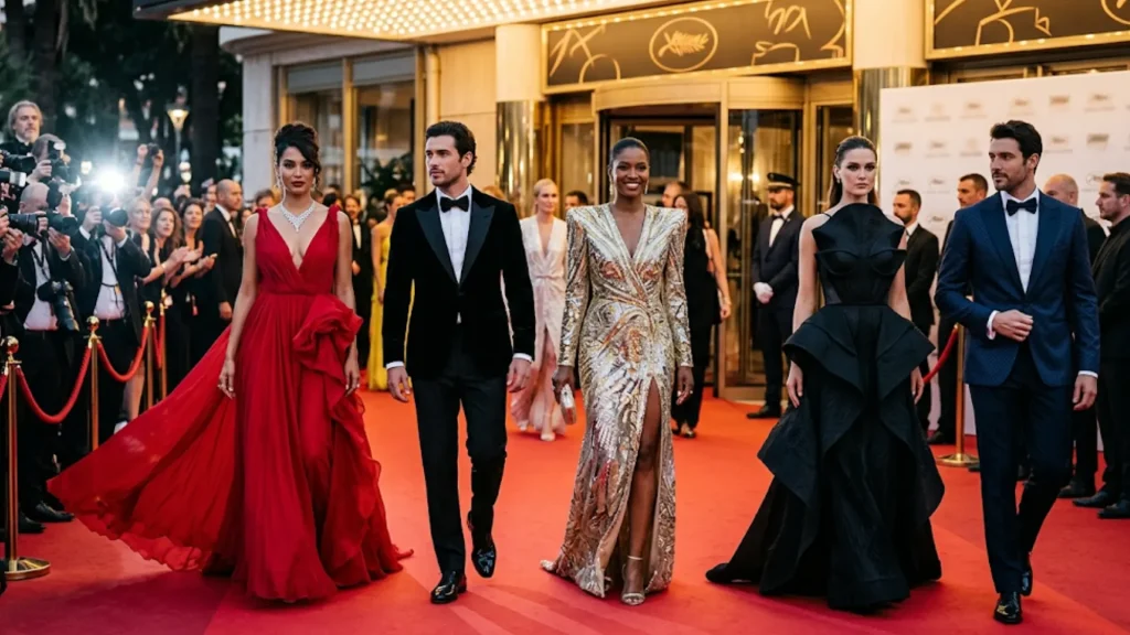 Glamorous red carpet fashion scene featuring formal gowns, bold colors, statement silhouettes, photographers, and an upscale award-show setting