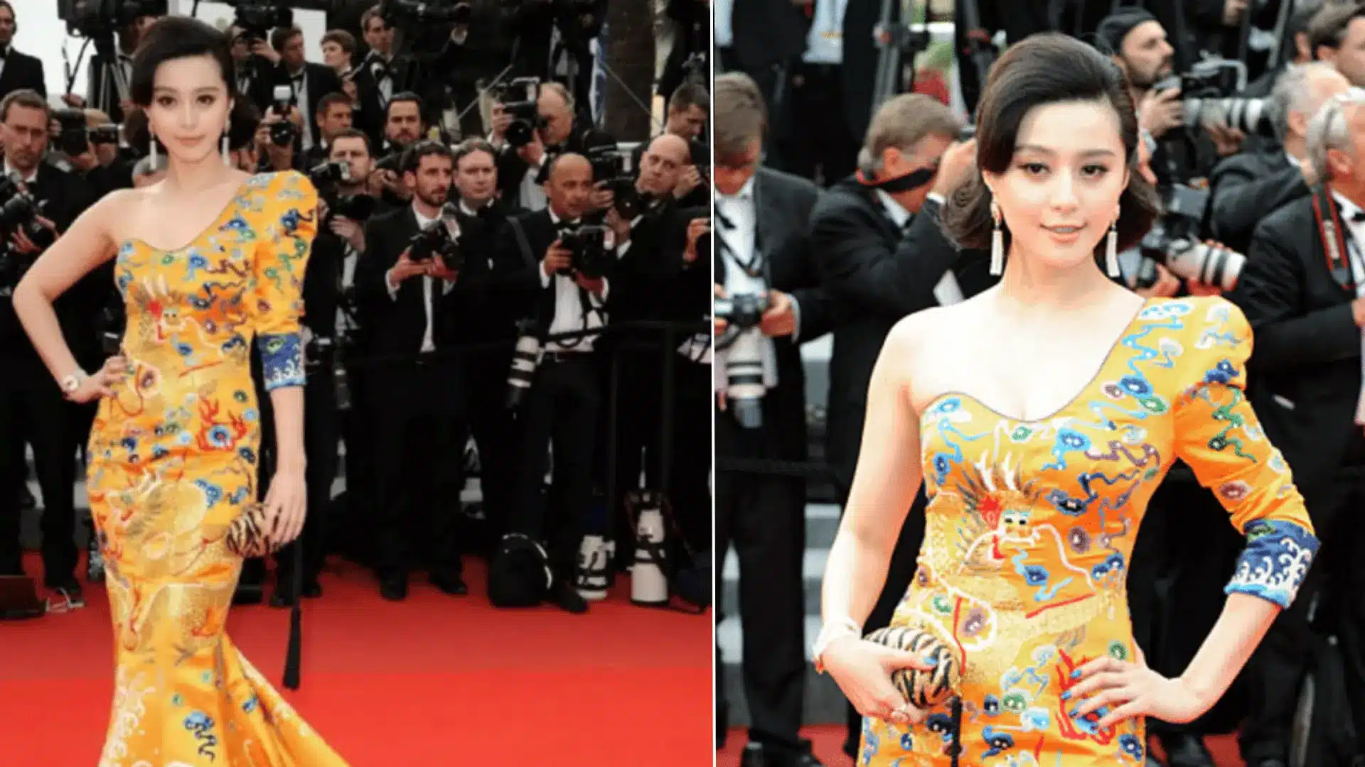 Fan Bingbing wearing a yellow dragon robe by Chinese designer Laurence Xu at the Cannes Film Festival 2010.