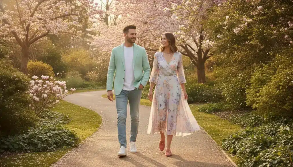 Couple walking on garden path surrounded by blooming cherry blossom trees in warm daylight