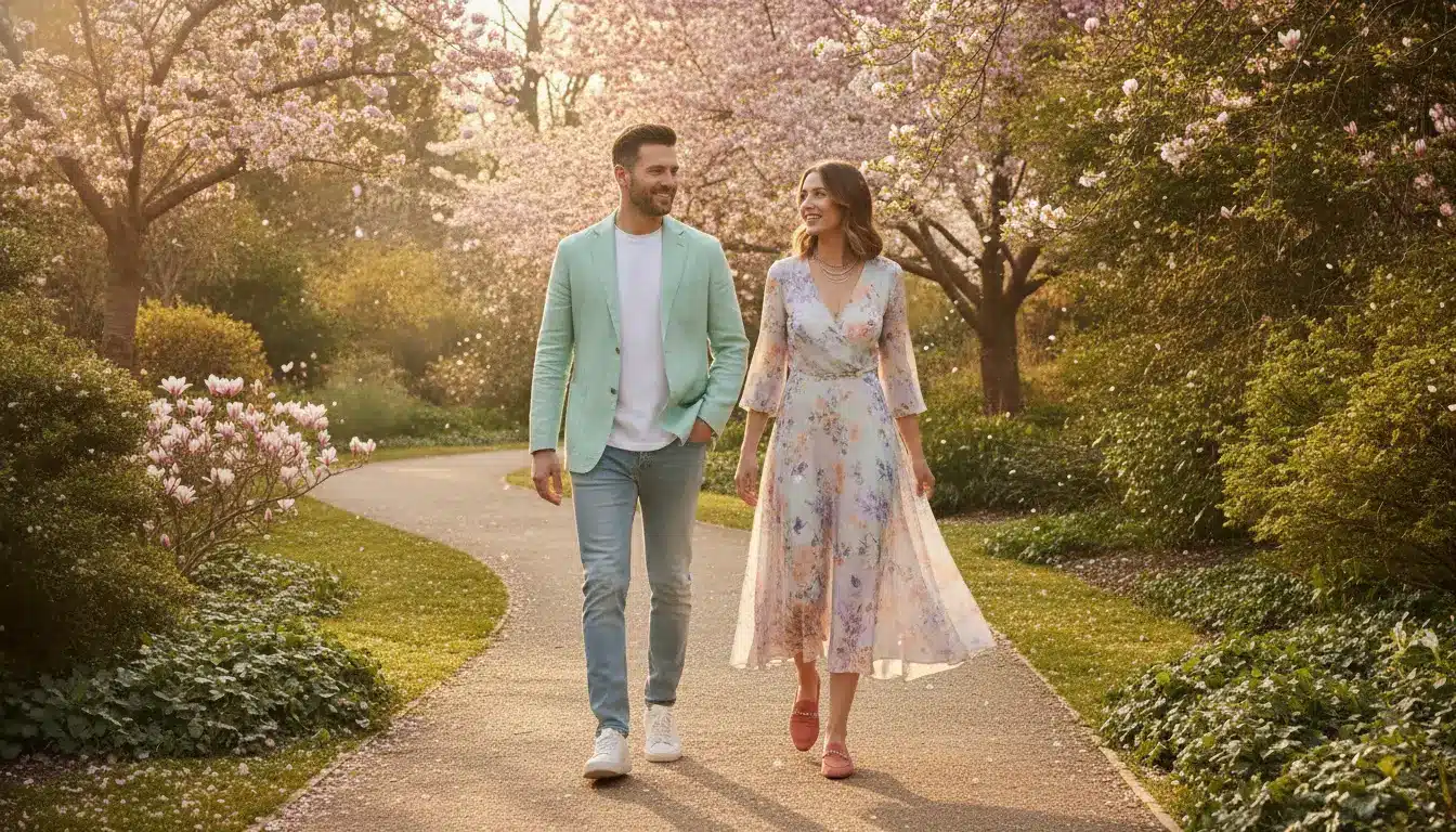 Couple walking on garden path surrounded by blooming cherry blossom trees in warm daylight