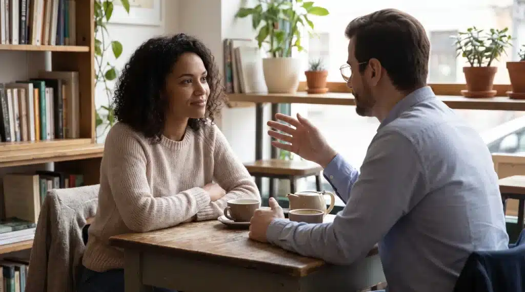 two people sitting across from each other during a calm conversation