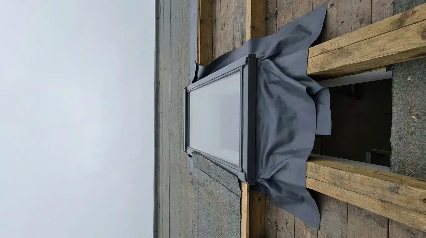 Skylight window being installed on wooden roof with surrounding black waterproof membrane
