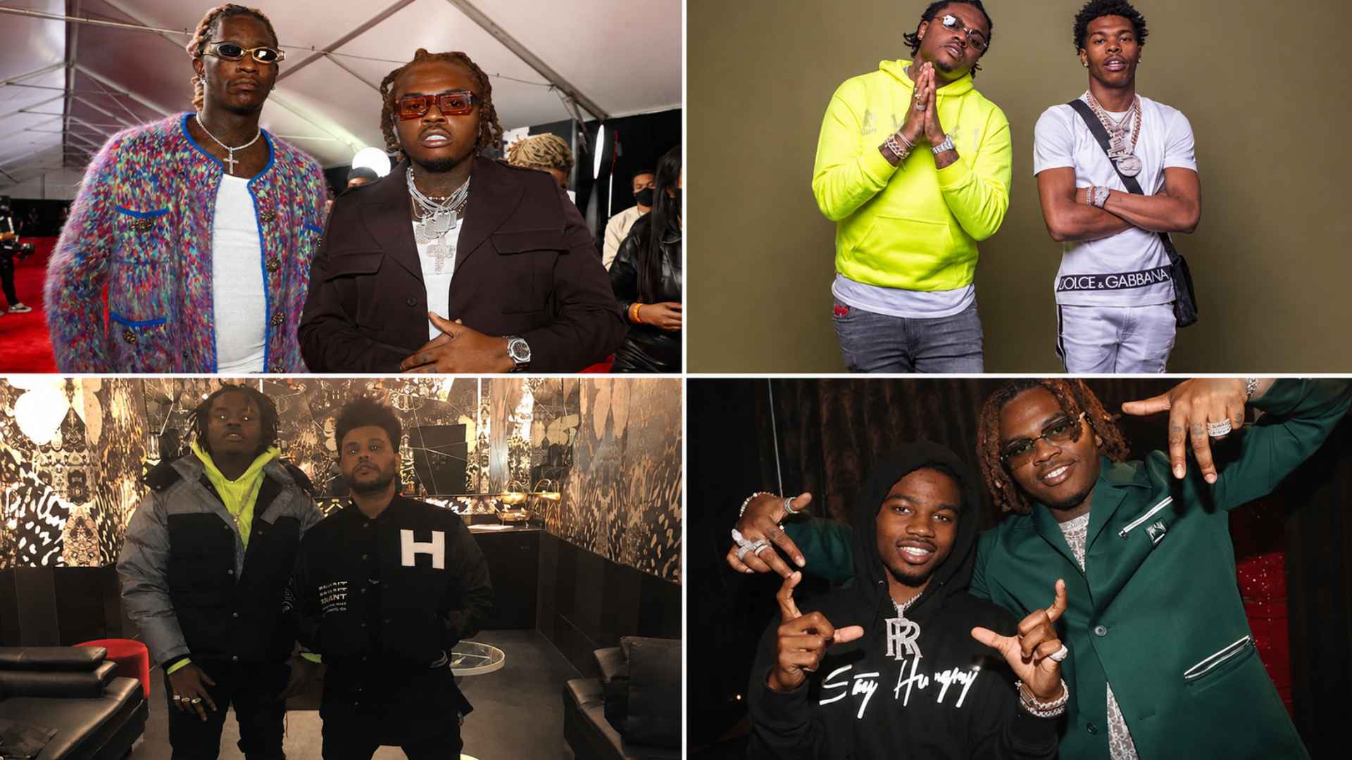 Four-photo collage of hip-hop artists with Gunna posing together at events, in a studio, lounge, and party settings with bold outfits.