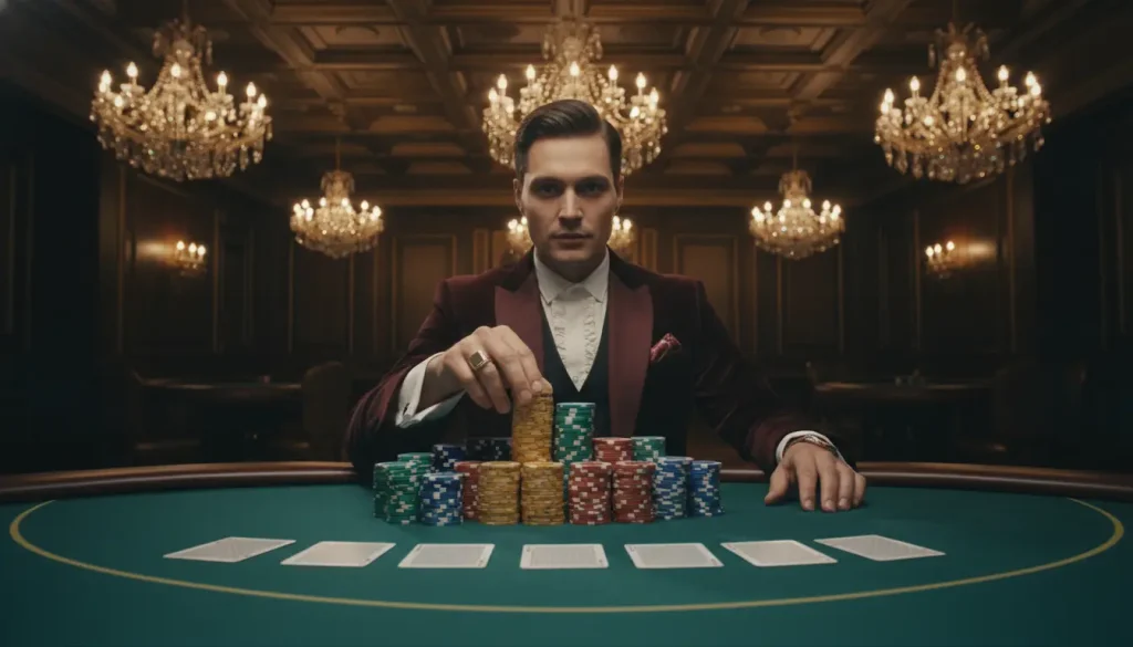 Man in burgundy suit stacking poker chips on a casino table with chandeliers overhead