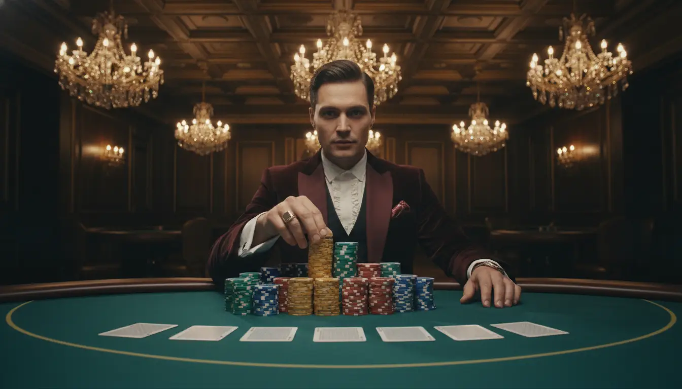 Man in burgundy suit stacking poker chips on a casino table with chandeliers overhead