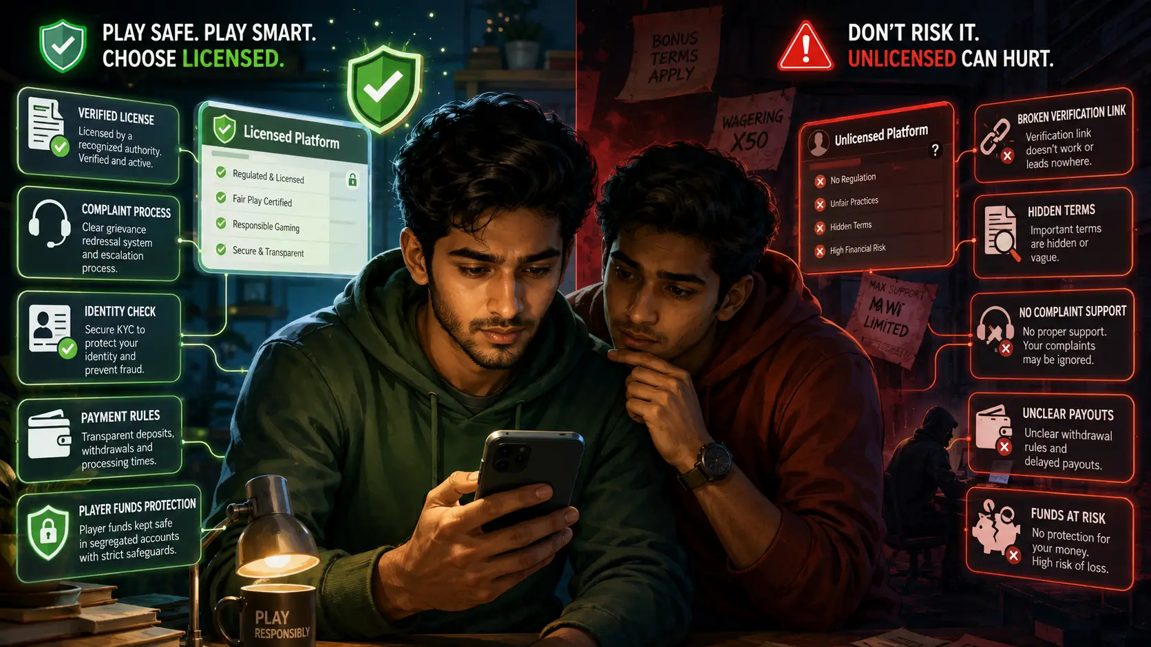 Two men in hoodies reviewing smartphone information, surrounded by comparison graphics of platforms