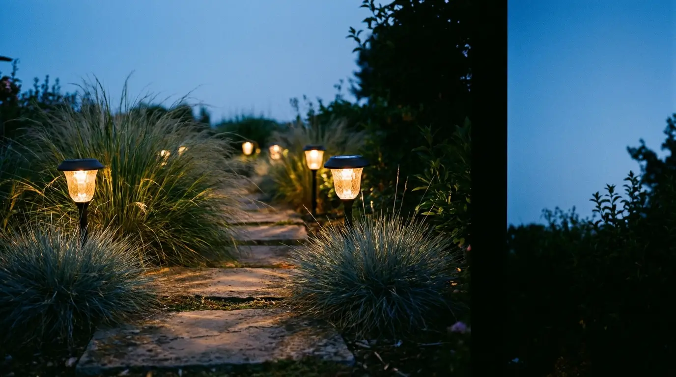 Stone garden path lined with illuminated solar lights under a twilight sky