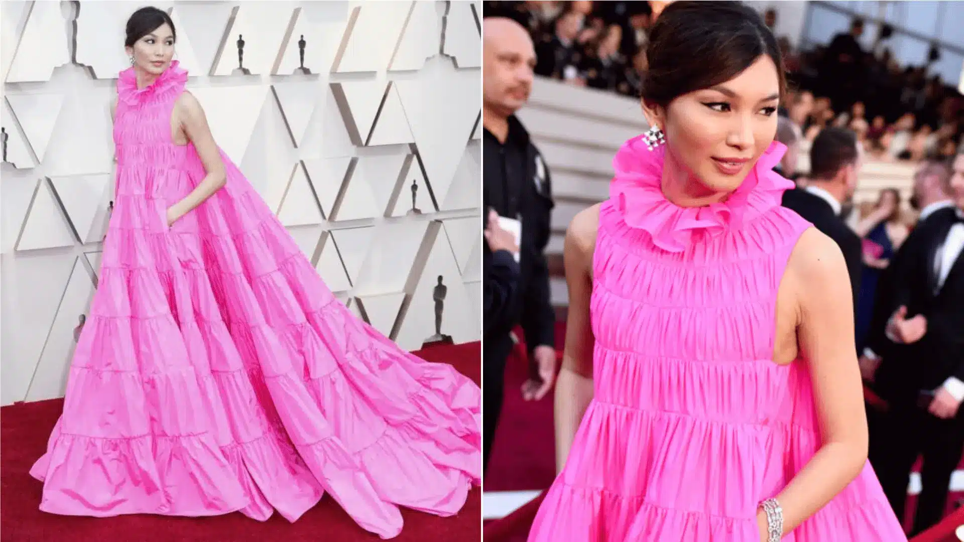 Gemma Chan wearing a bright pink gown by Valentino Haute Couture at the Oscars 2019.