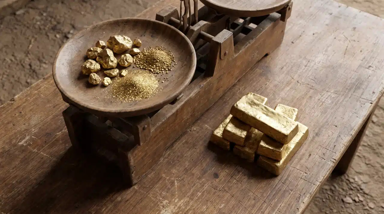 Gold nuggets, gold dust, and stacked gold bars beside a balance scale.