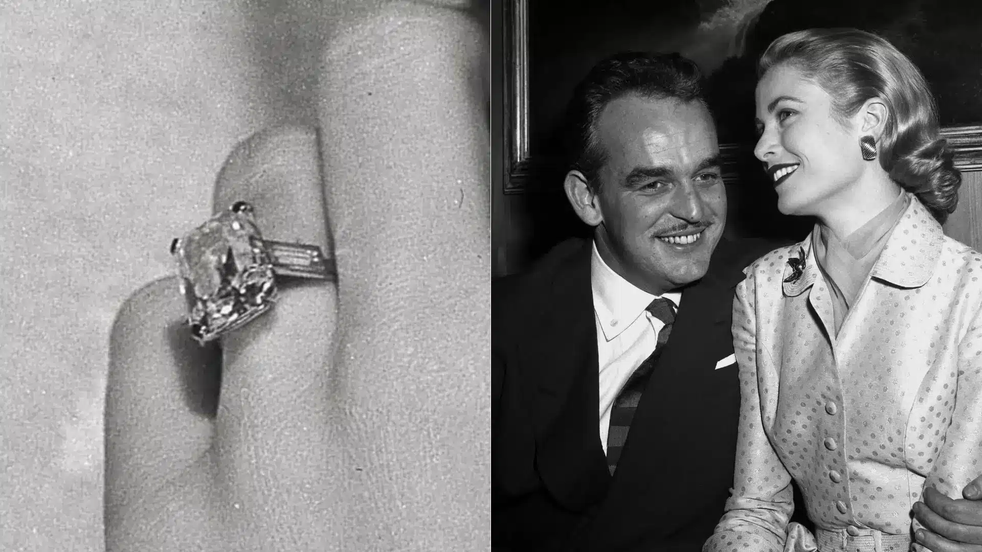 Grace Kelly's emerald-cut diamond engagement ring displayed next to a vintage photo of Grace Kelly and Prince Rainier III