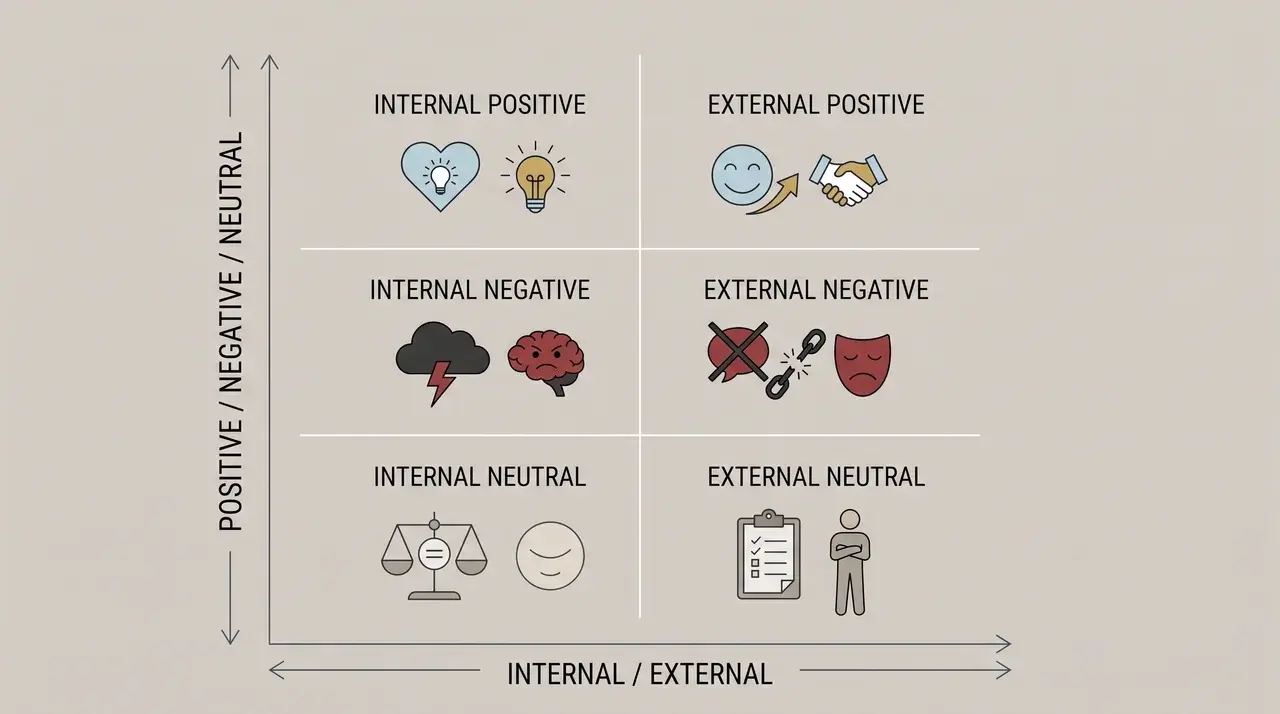 Grid diagram dividing traits by internal/external and positive/negative/neutral axes