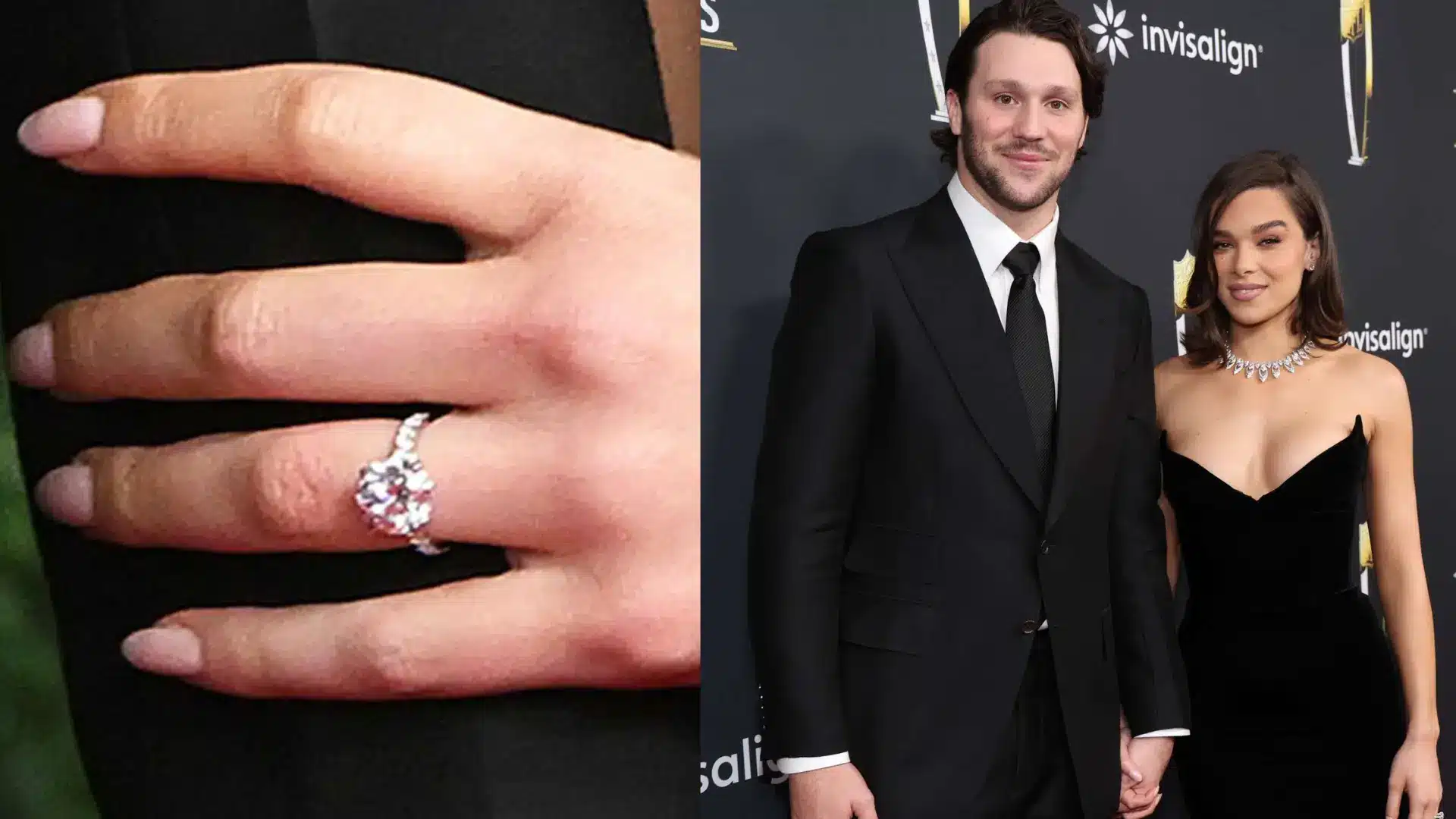 Hailee Steinfeld's classic cushion-cut diamond engagement ring shown alongside a photo of her with Josh Allen