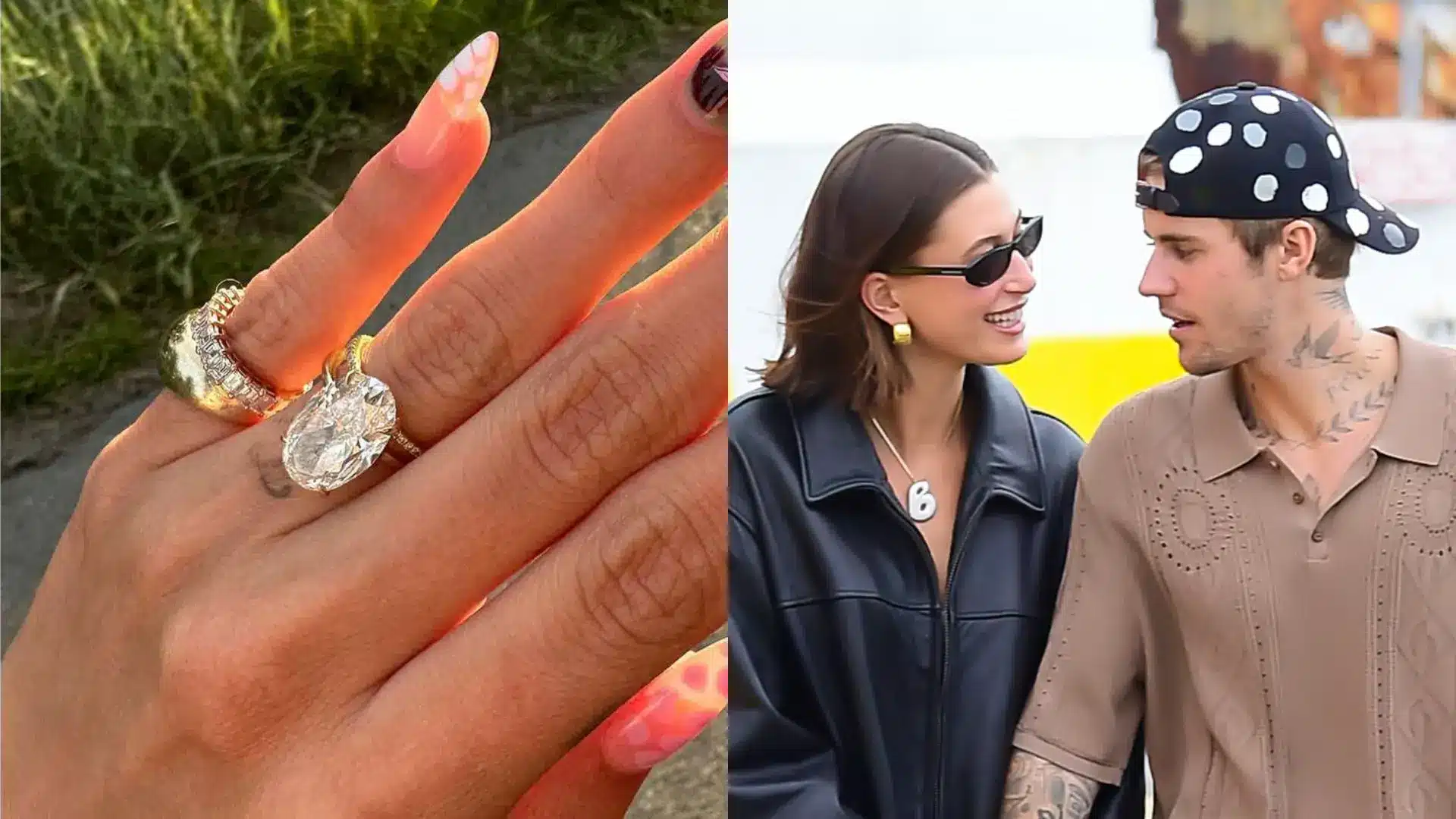Hailey Bieber's oval diamond engagement ring shown beside a photo of her and Justin Bieber together.