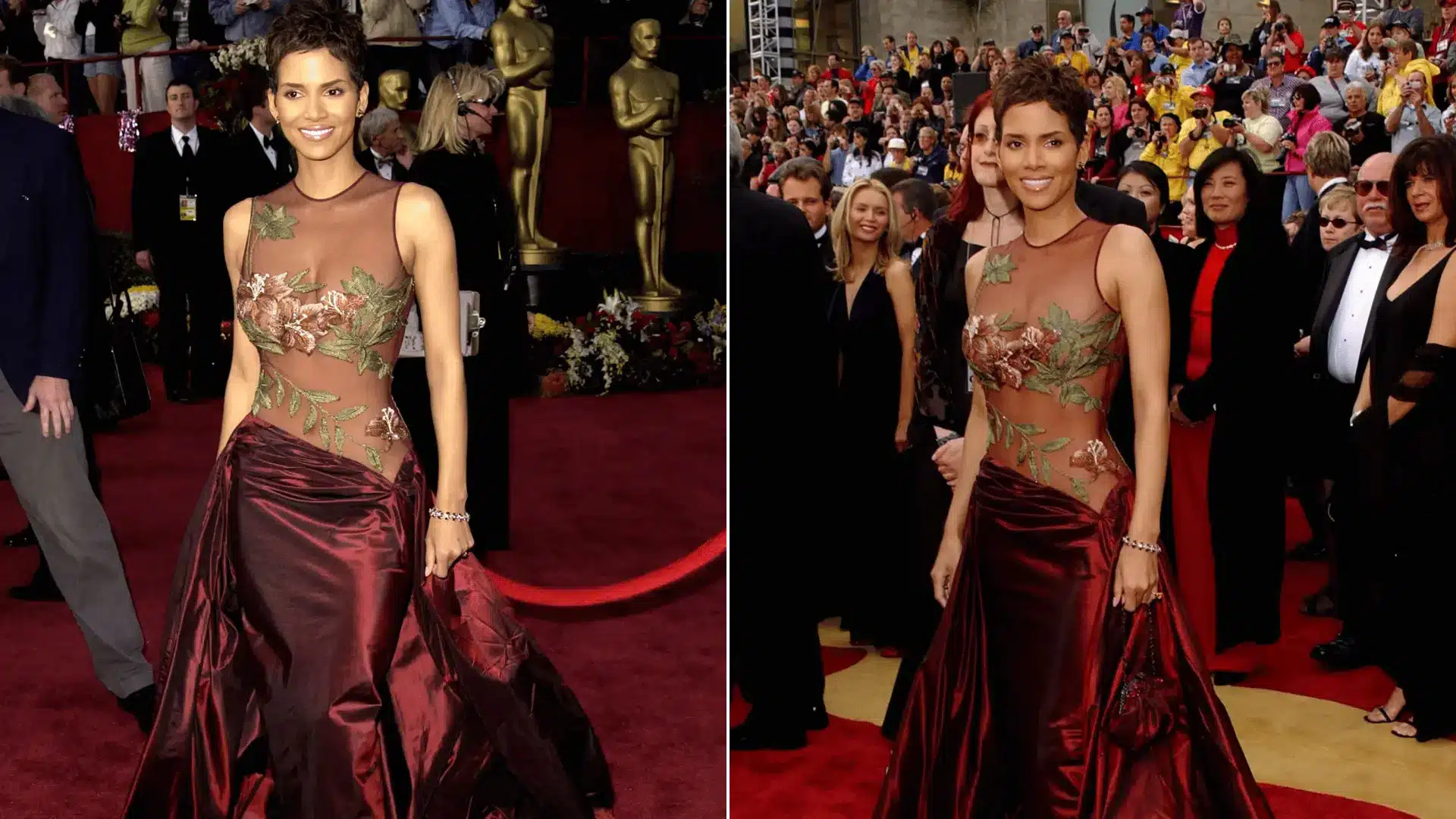 Halle Berry wearing a burgundy Elie Saab gown with a sheer floral-embroidered bodice at the 2002 Oscars.