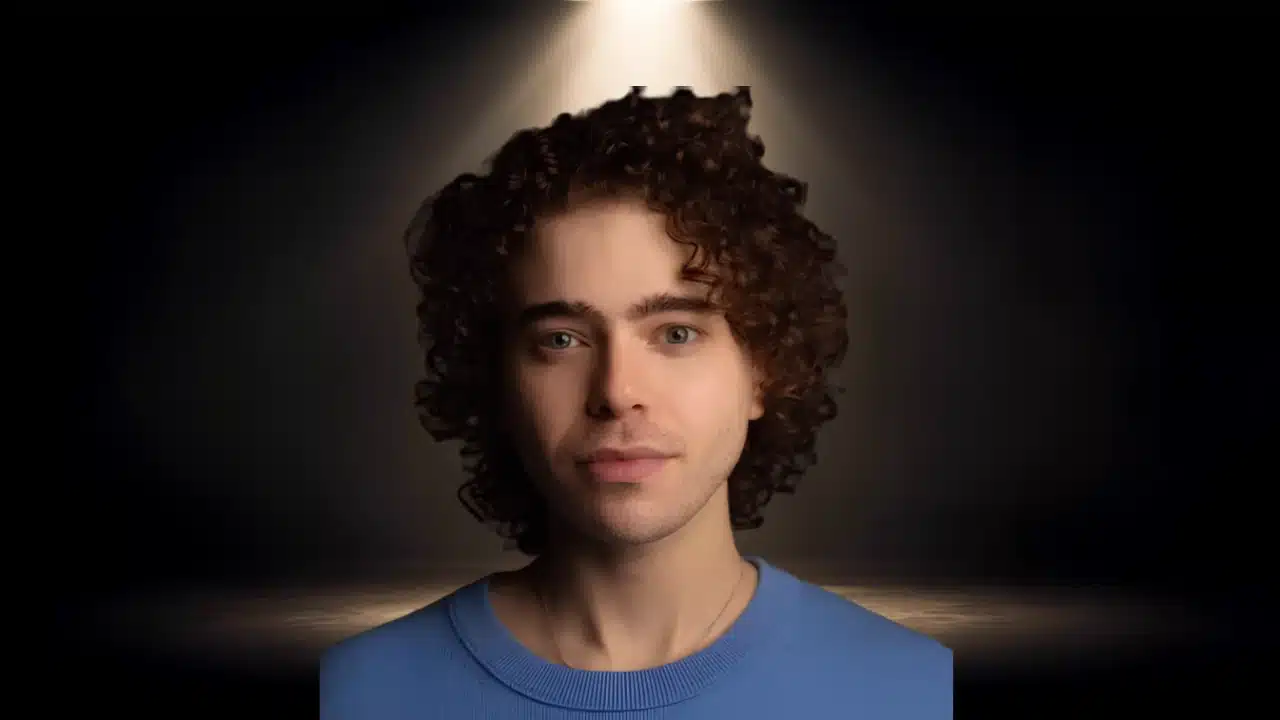Headshot of Shayne Coplan with curly hair, wearing a blue crewneck sweater under a spotlight.