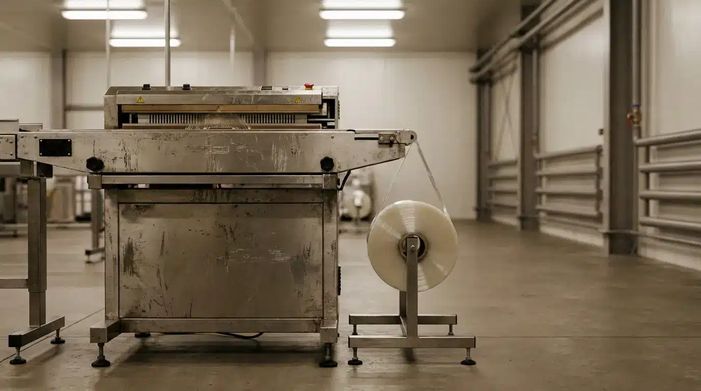 Industrial food packaging machine with plastic film roll in large empty warehouse