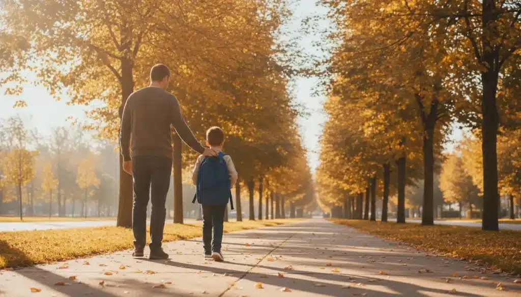 Man and child with backpack walking on tree-lined path in autumn setting