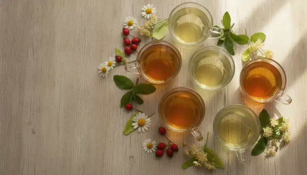 Assorted herbal teas in glass mugs with chamomile and mint on wooden table