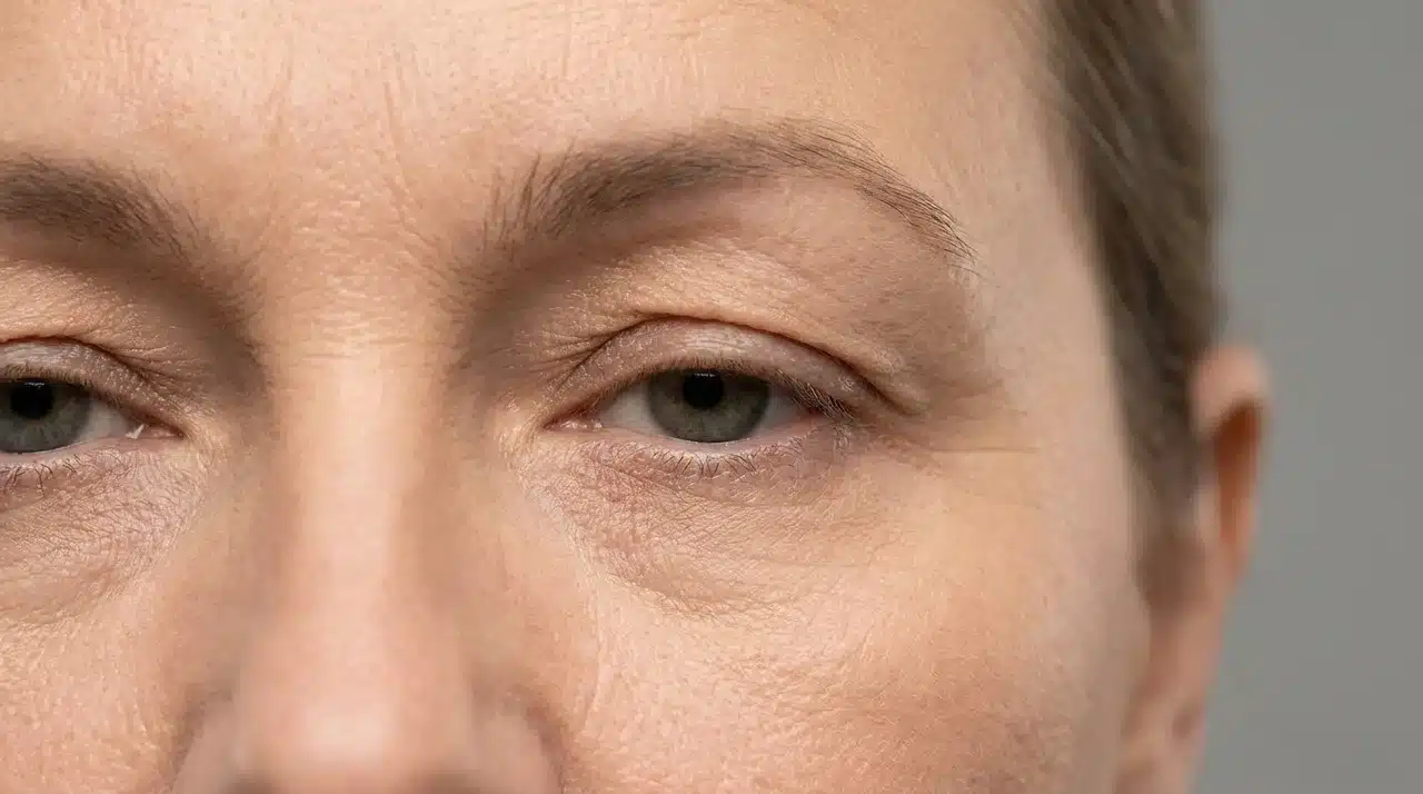Close-up of hooded upper eyelid showing skin fold covering the natural eyelid crease