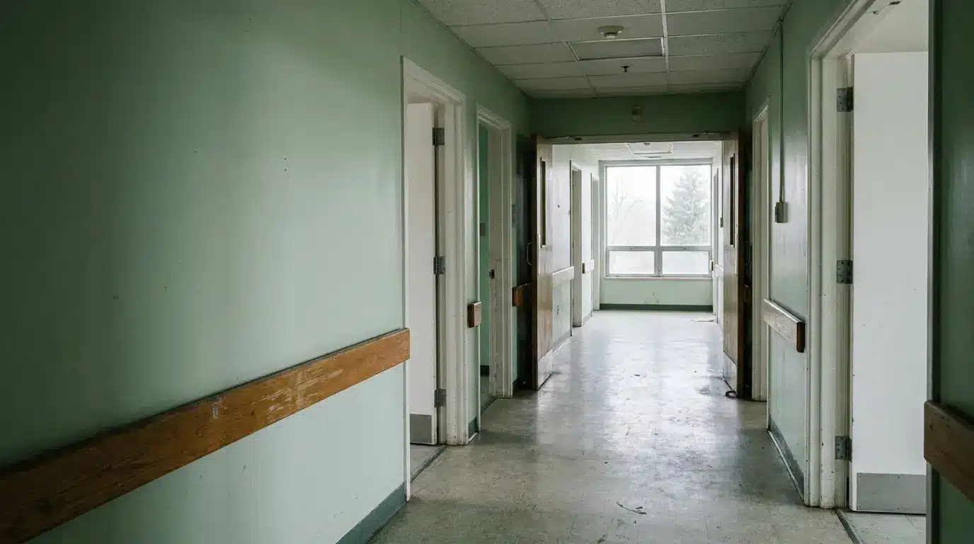 Empty hospital corridor with pale green walls and handrails, fluorescent lighting overhead