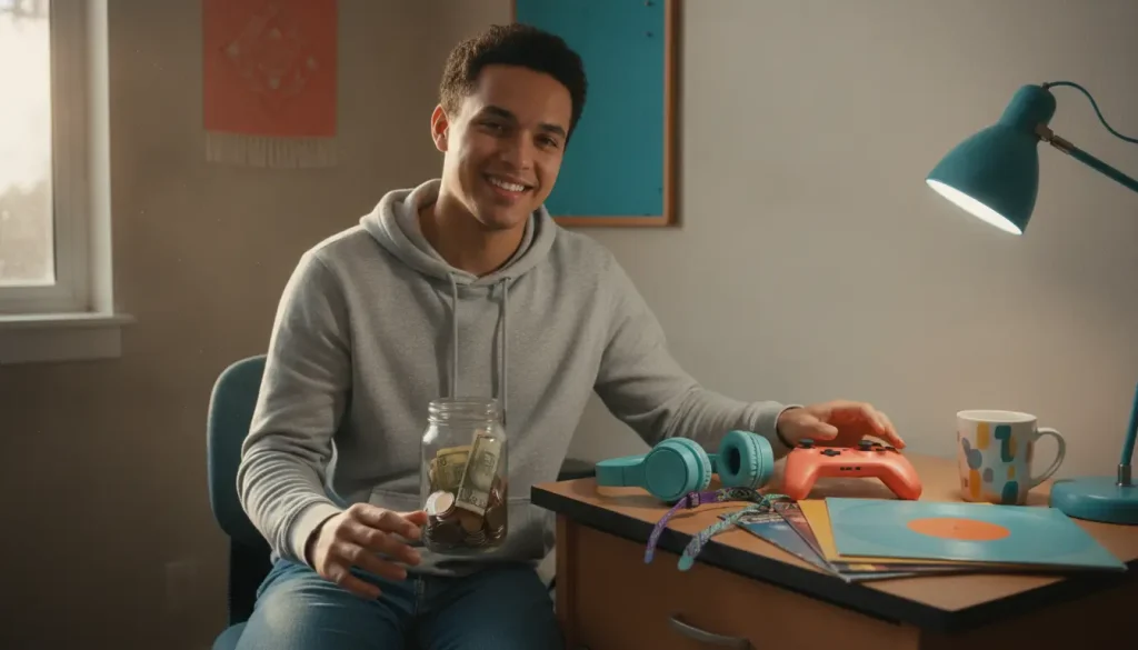 Young man smiling at desk holding jar of coins, with records and game controller nearby