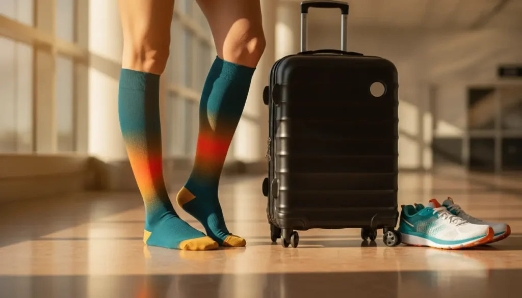 Traveler in colorful socks standing next to black suitcase in sunlit airport terminal